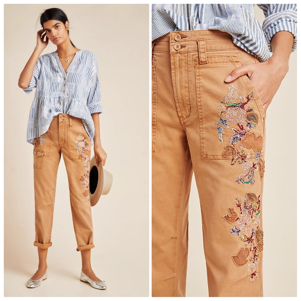 Anthropologie Wanderer Embroidered Cargo Pants